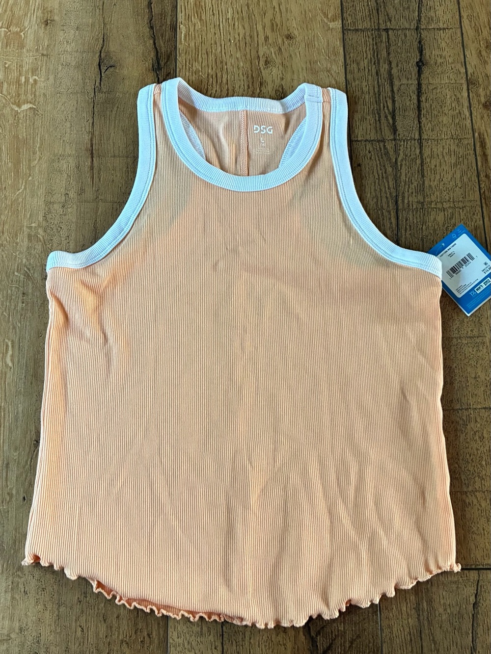 DSG Peach Ribbed Tank with White Trim Accents